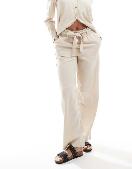 JDY wide leg belted linen mix pants in stone - part of a set, 3 of 5