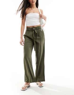 JDY wide leg belted linen pants in khaki