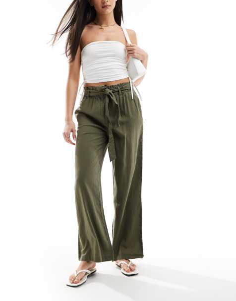 JDY wide leg belted linen pants in khaki - view 1