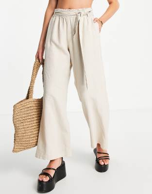 wide leg belted linen pants in oatmeal-Neutral