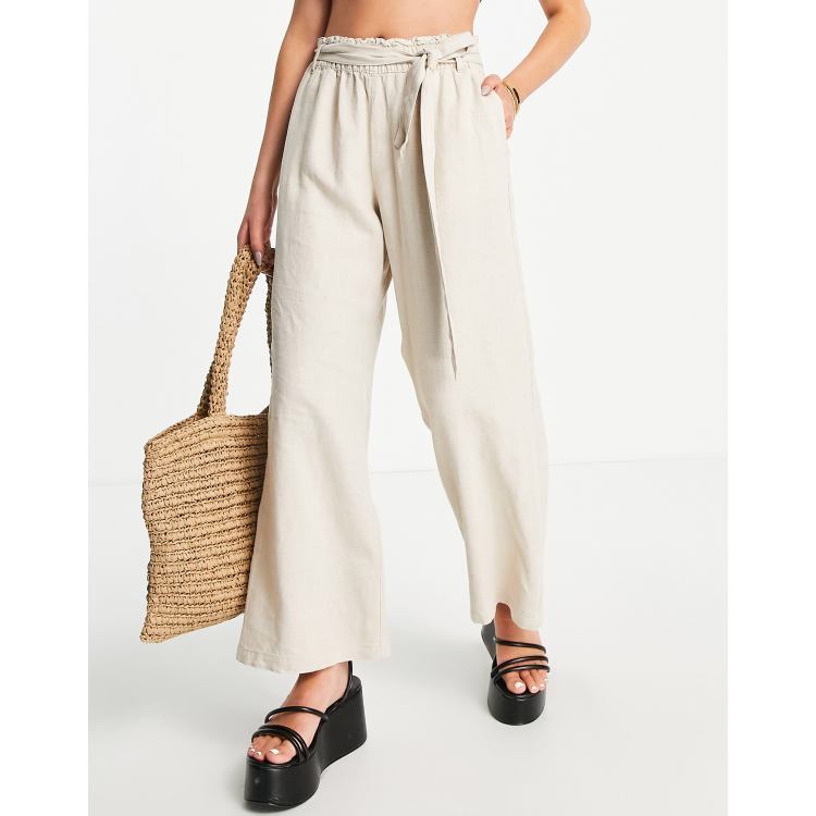 Only high waisted wide leg linen trousers in beige