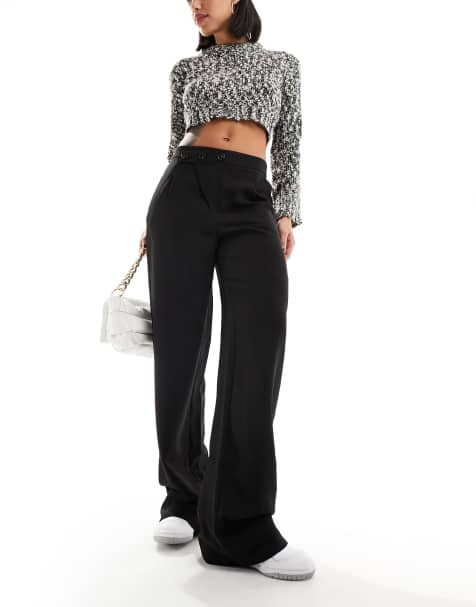 JDY wide leg button detail pleated trousers in black - view 1