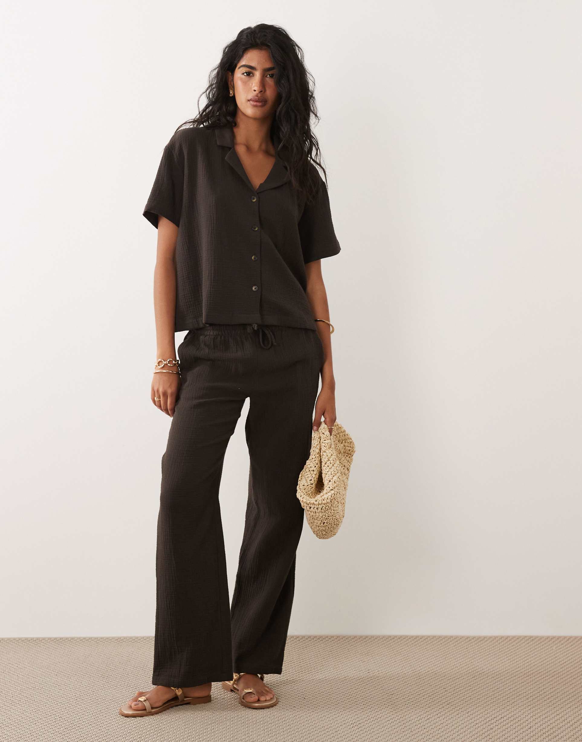 jdy wide leg cheesecloth pants in chocolate brown - part of a set