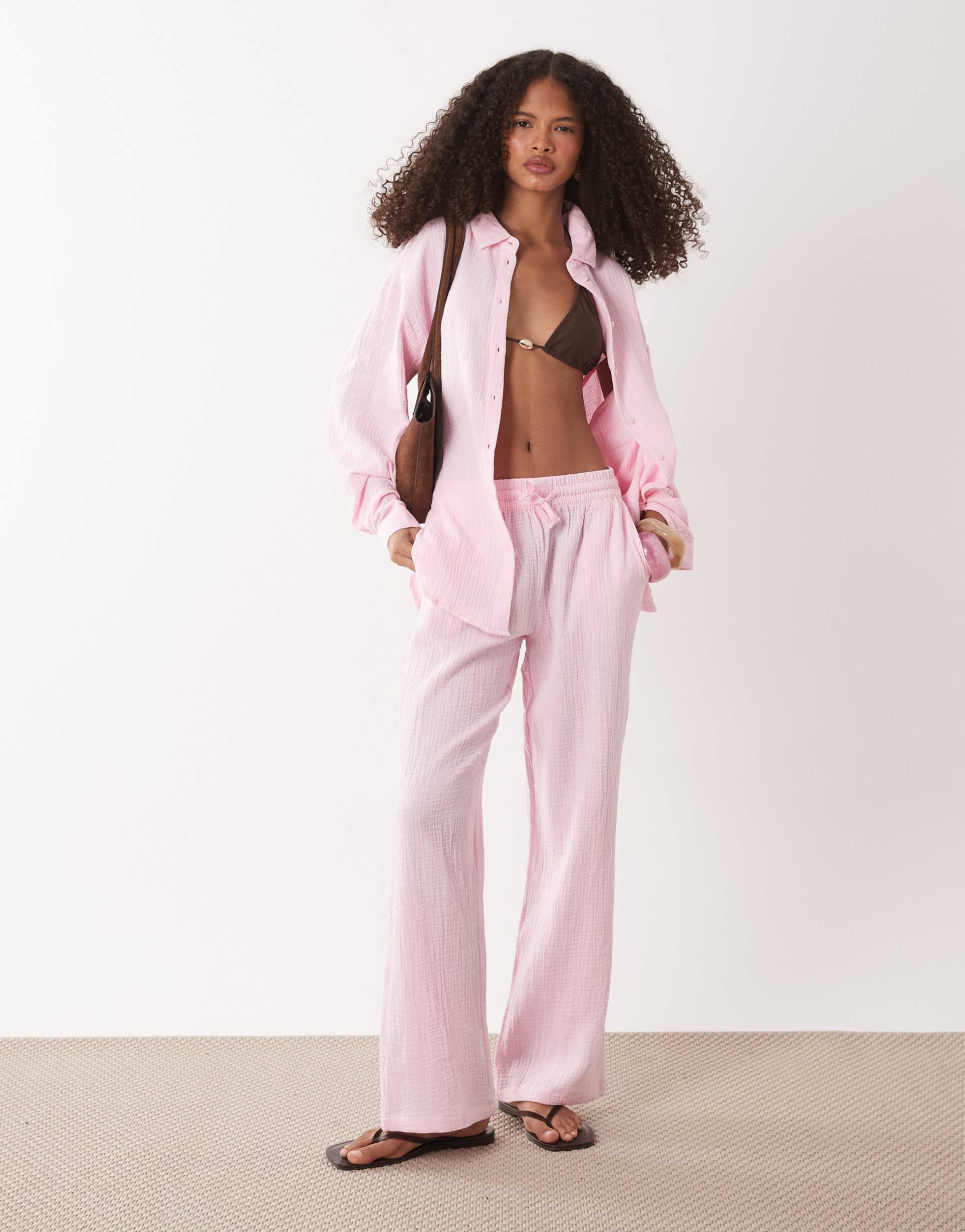 jdy wide leg cheesecloth pants in light pink - part of a set