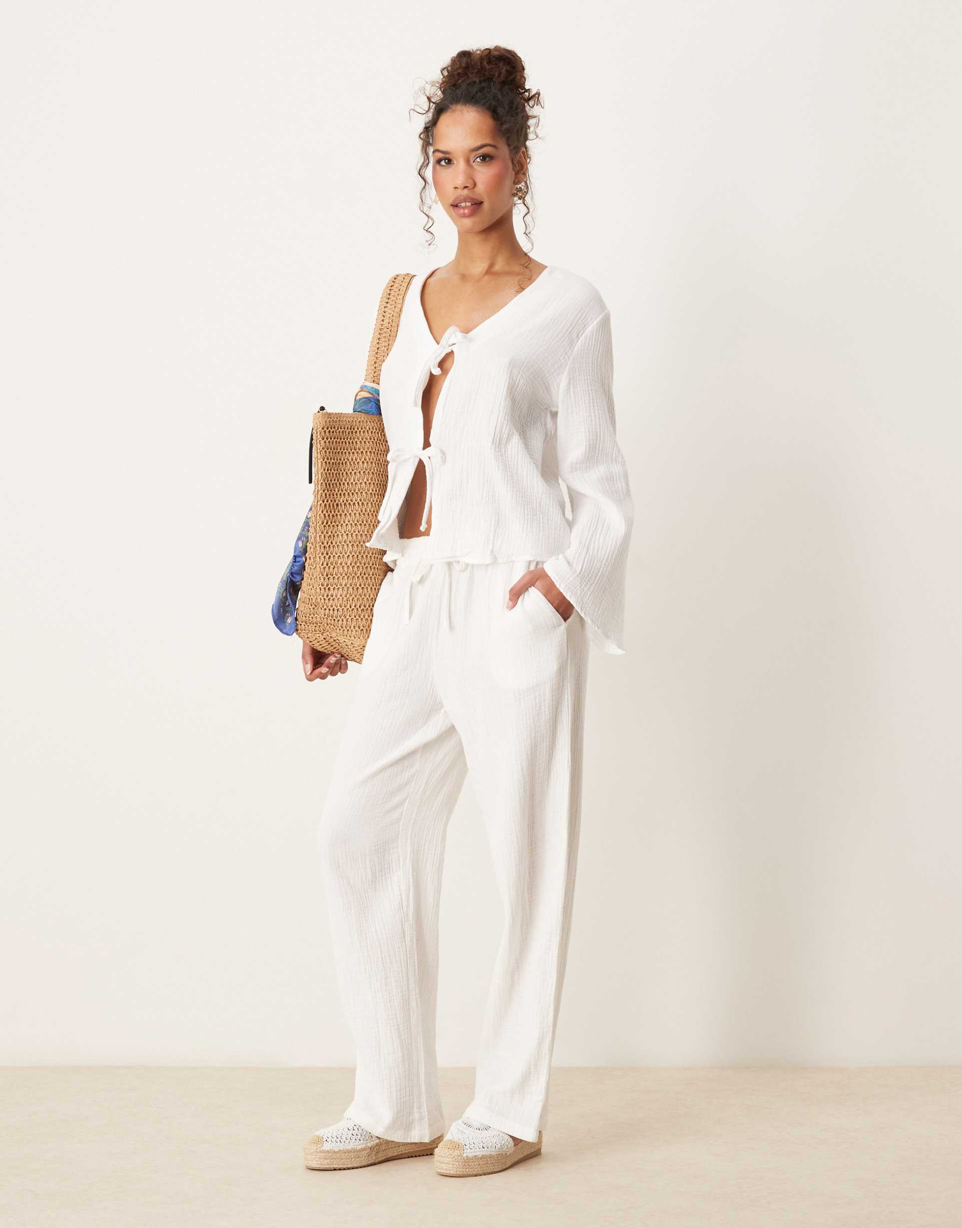 jdy wide leg cheesecloth pants in white - part of a set