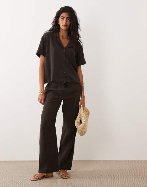 JDY wide leg cheesecloth trousers co-ord in chocolate brown - view 1