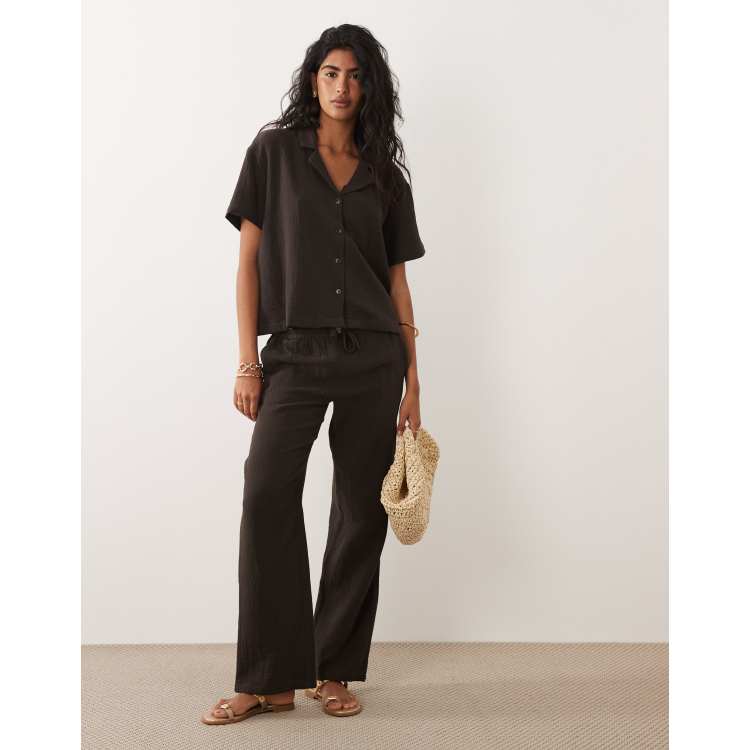 パンツ Christian dada embroidery wide slacks 44 JDY wide leg cheesecloth trousers co-ord in chocolate brown | ASOS