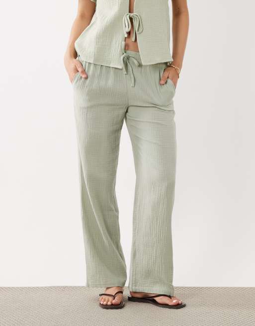 JDY wide leg cheesecloth trousers co-ord in sage, 2 of 5
