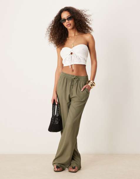 JDY wide leg linen blend trouser co-ord in khaki - view 1