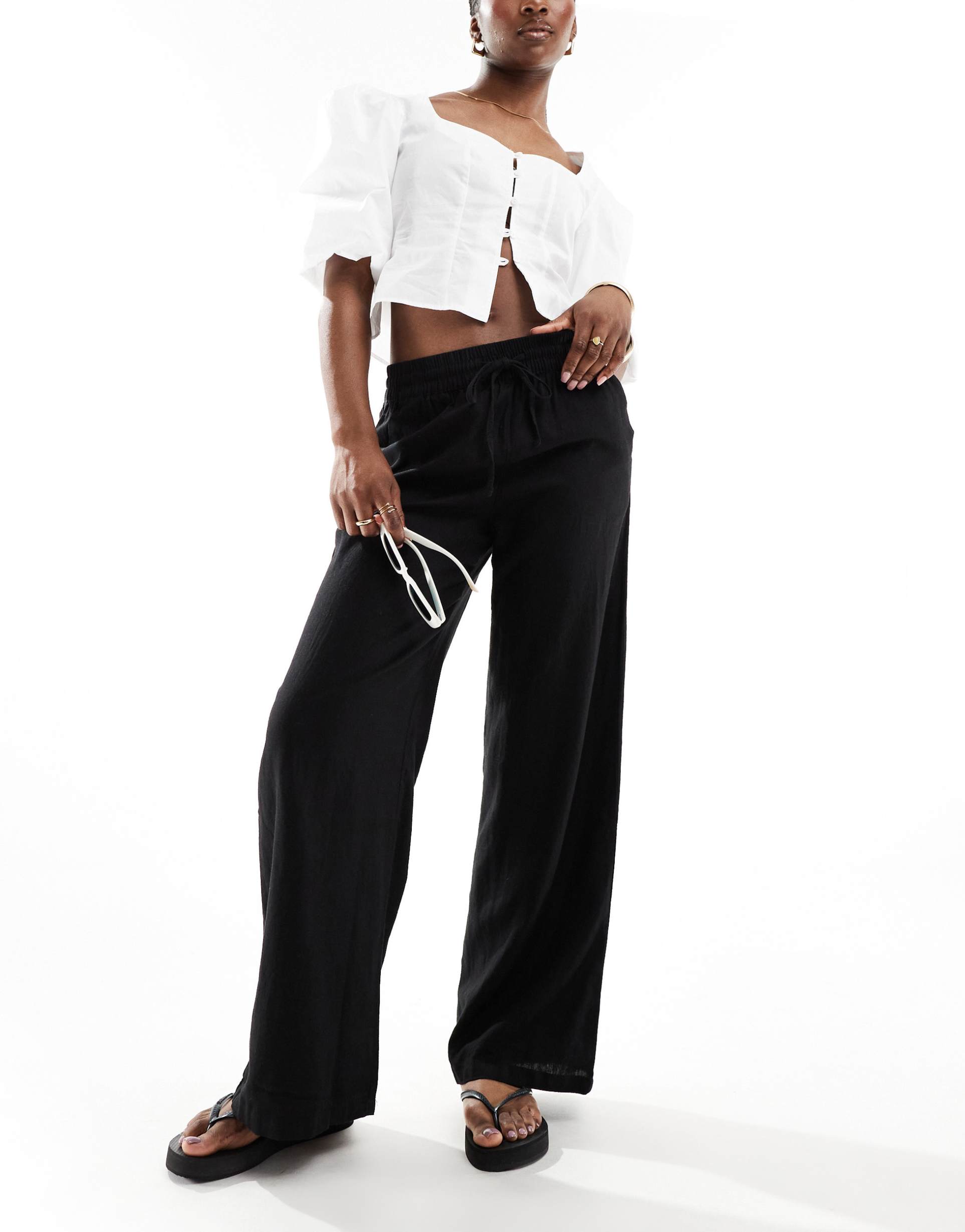 jdy wide leg linen mix pants in black - part of a set