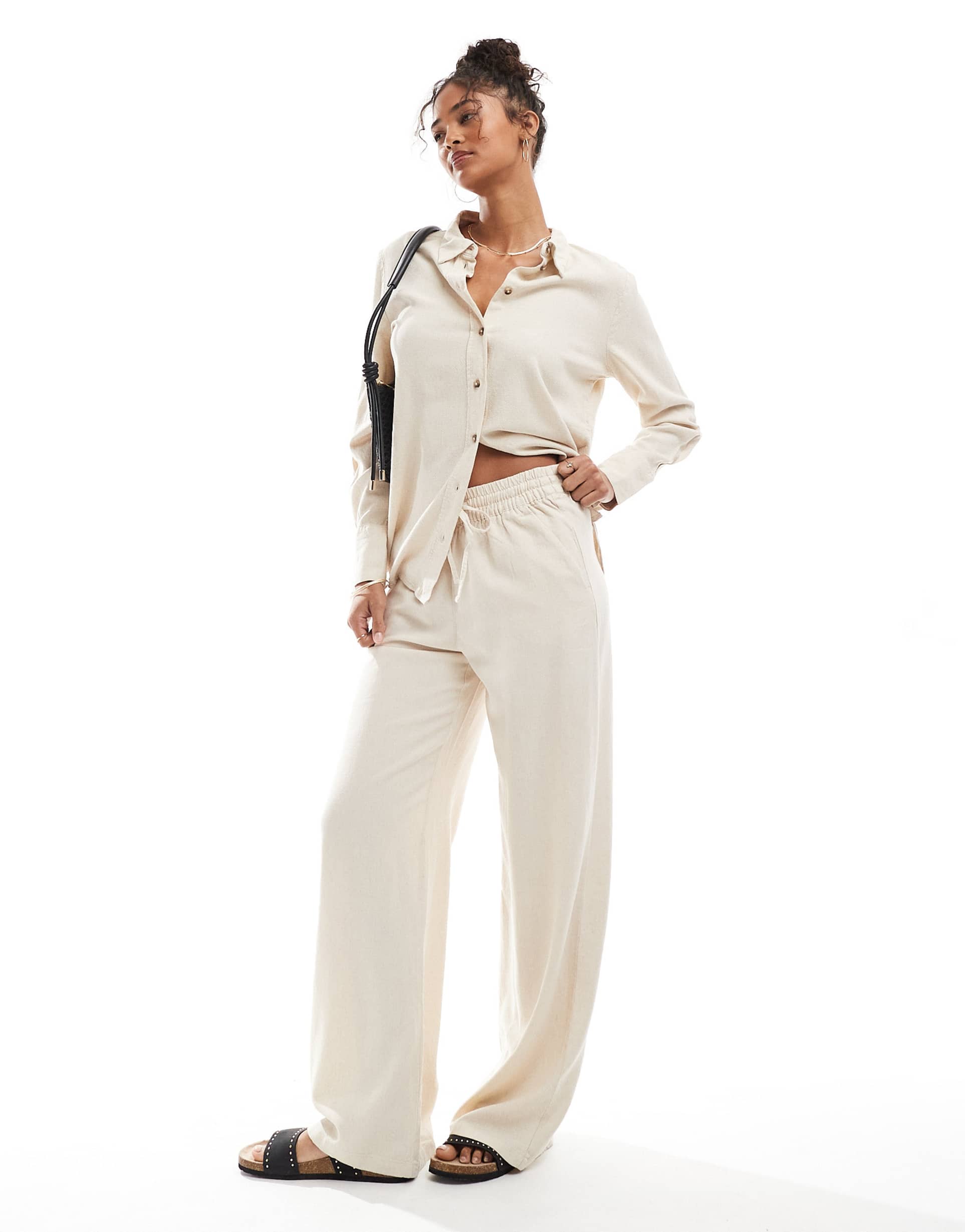 jdy wide leg linen mix pants in stone - part of a set