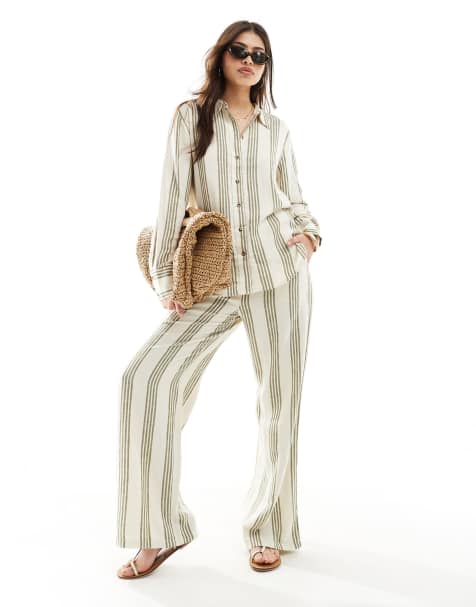 JDY wide leg linen mix trouser co-ord in sage and white stripe - view 1