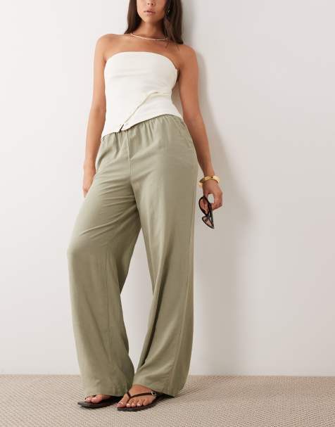 JDY wide leg linen mix trouser in light khaki - view 1