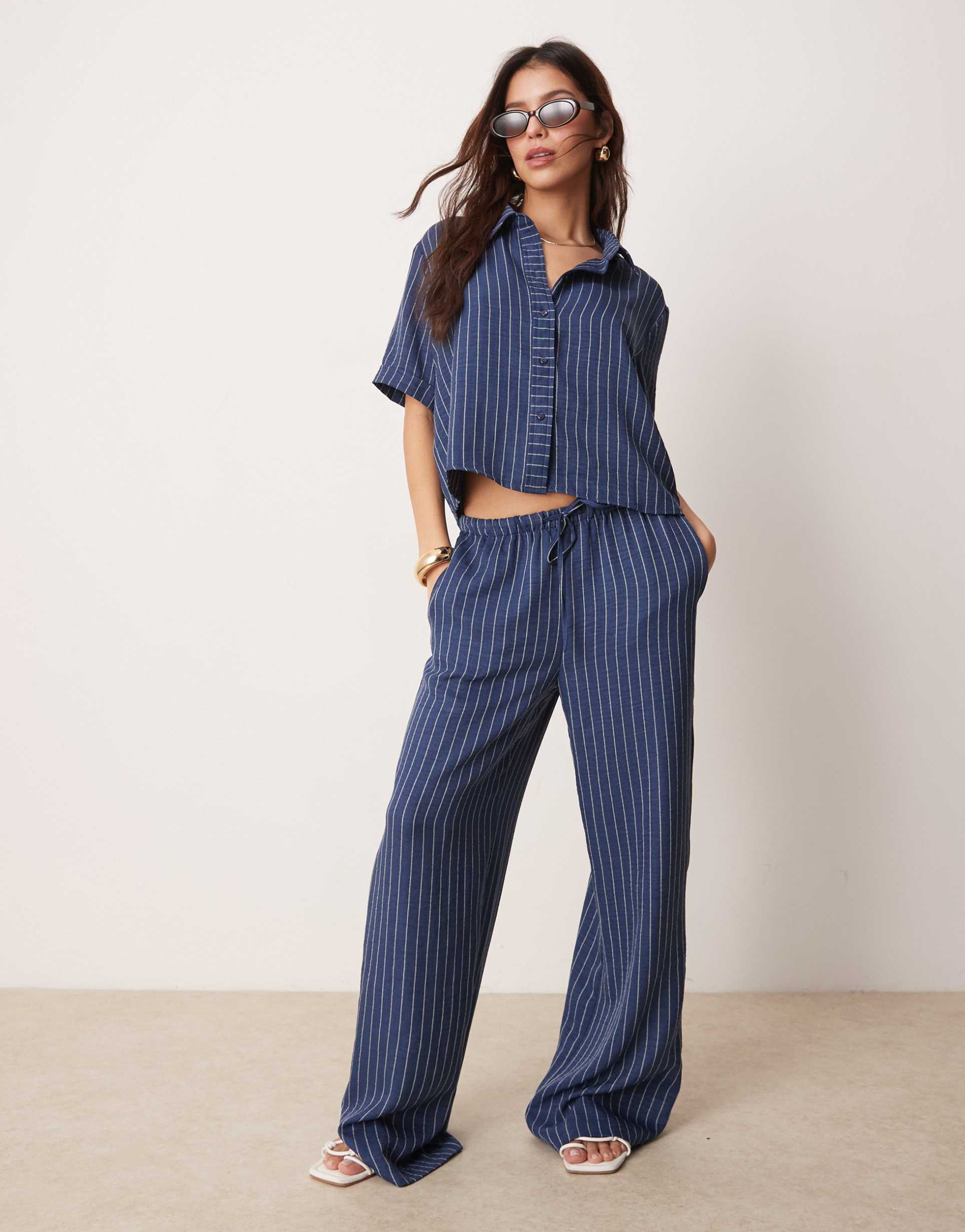 jdy wide leg pants in dark blue stripes - part of a set