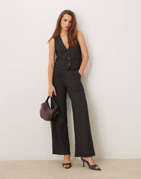 JDY wide leg pants in dark gray pinstripes - part of a set - view 1