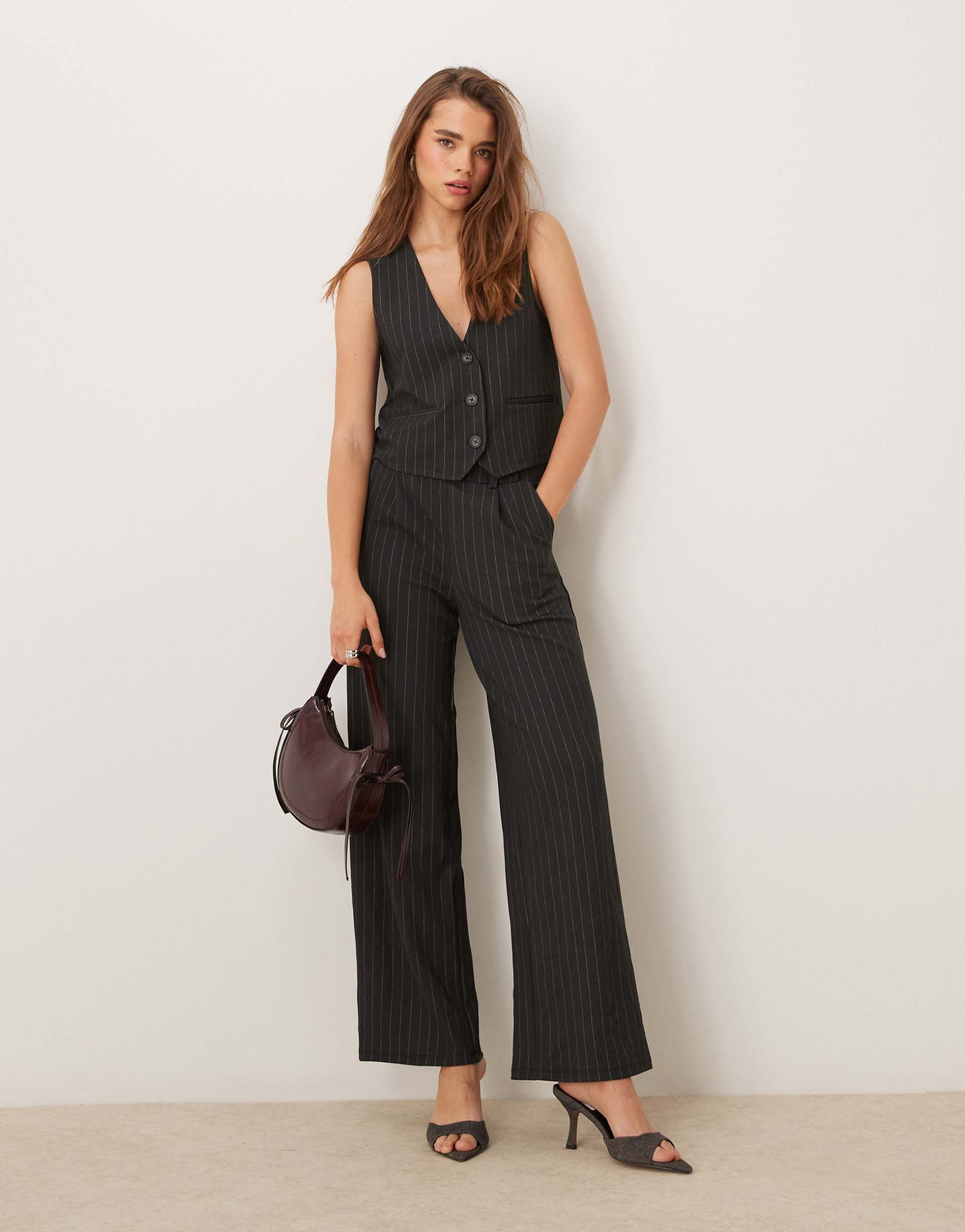 jdy wide leg pants in dark gray pinstripes - part of a set