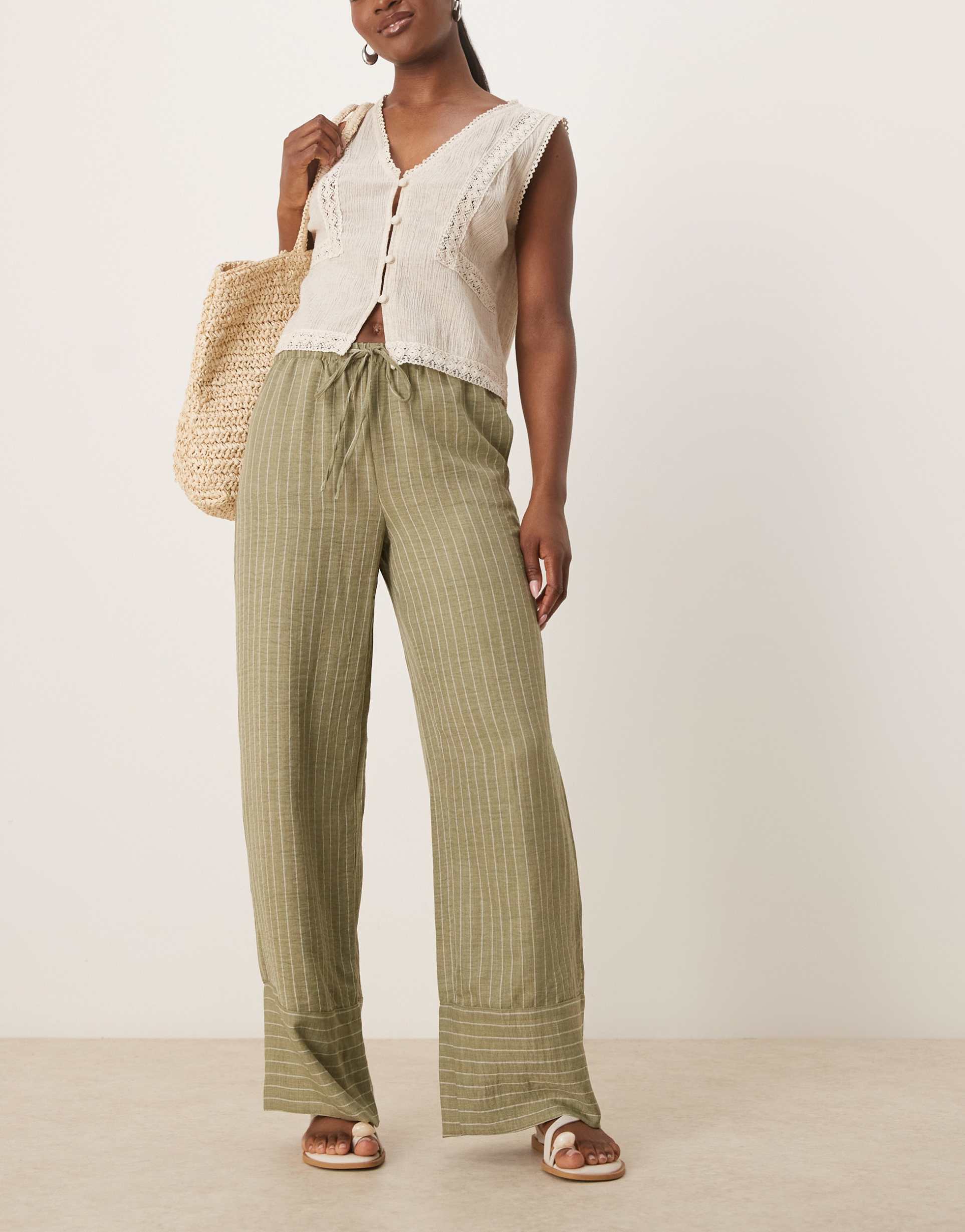 jdy wide leg pants in green stripes