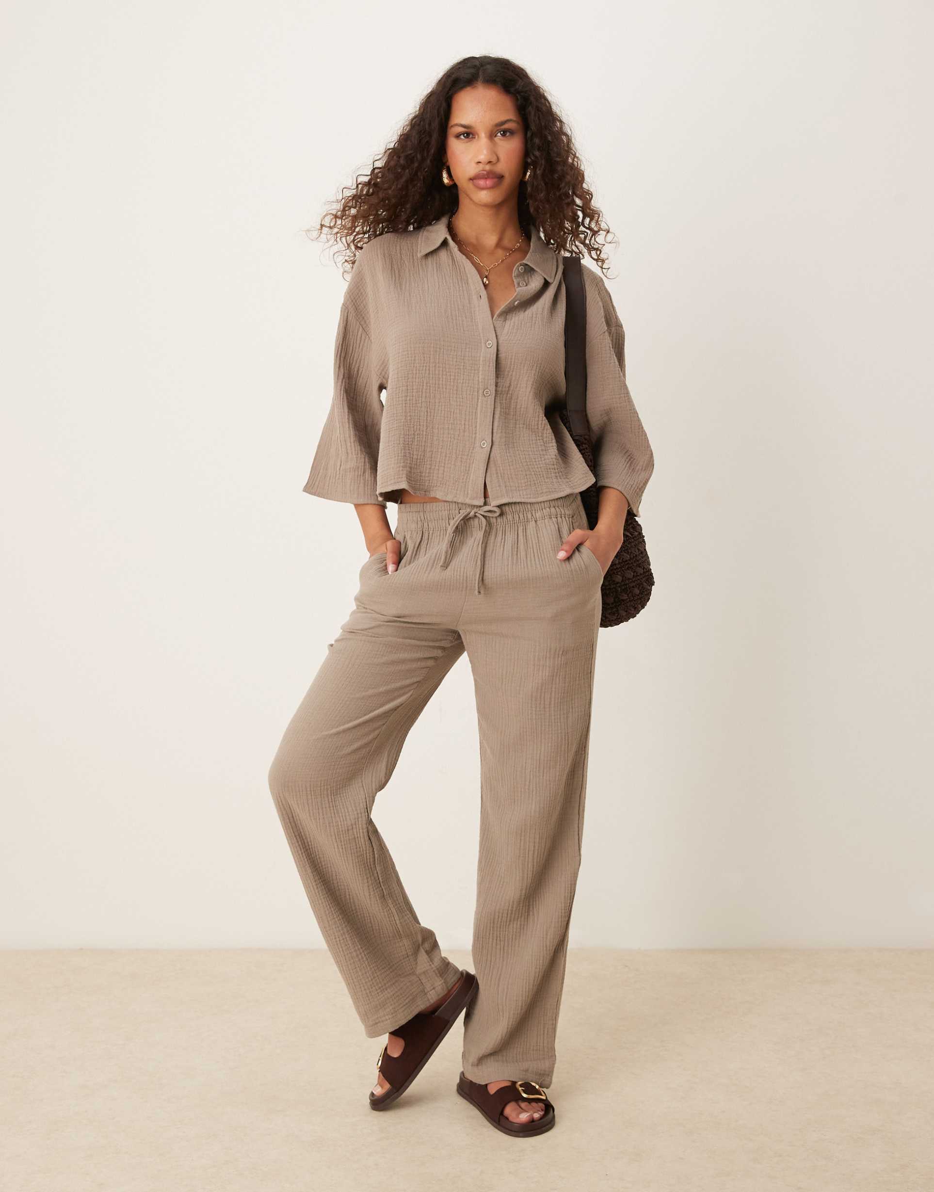 jdy wide leg pants in light brown - part of a set