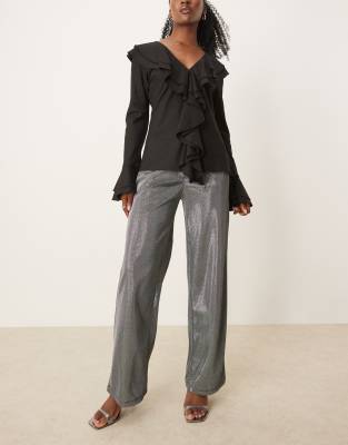 wide leg pants in metallic silver