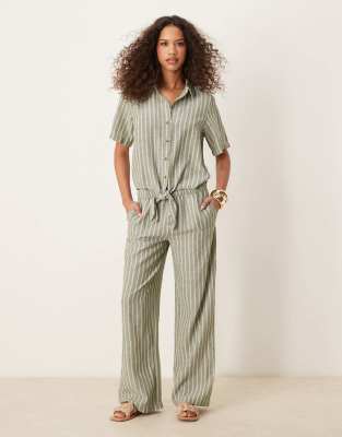 wide leg pants in sage stripe - part of a set-Green