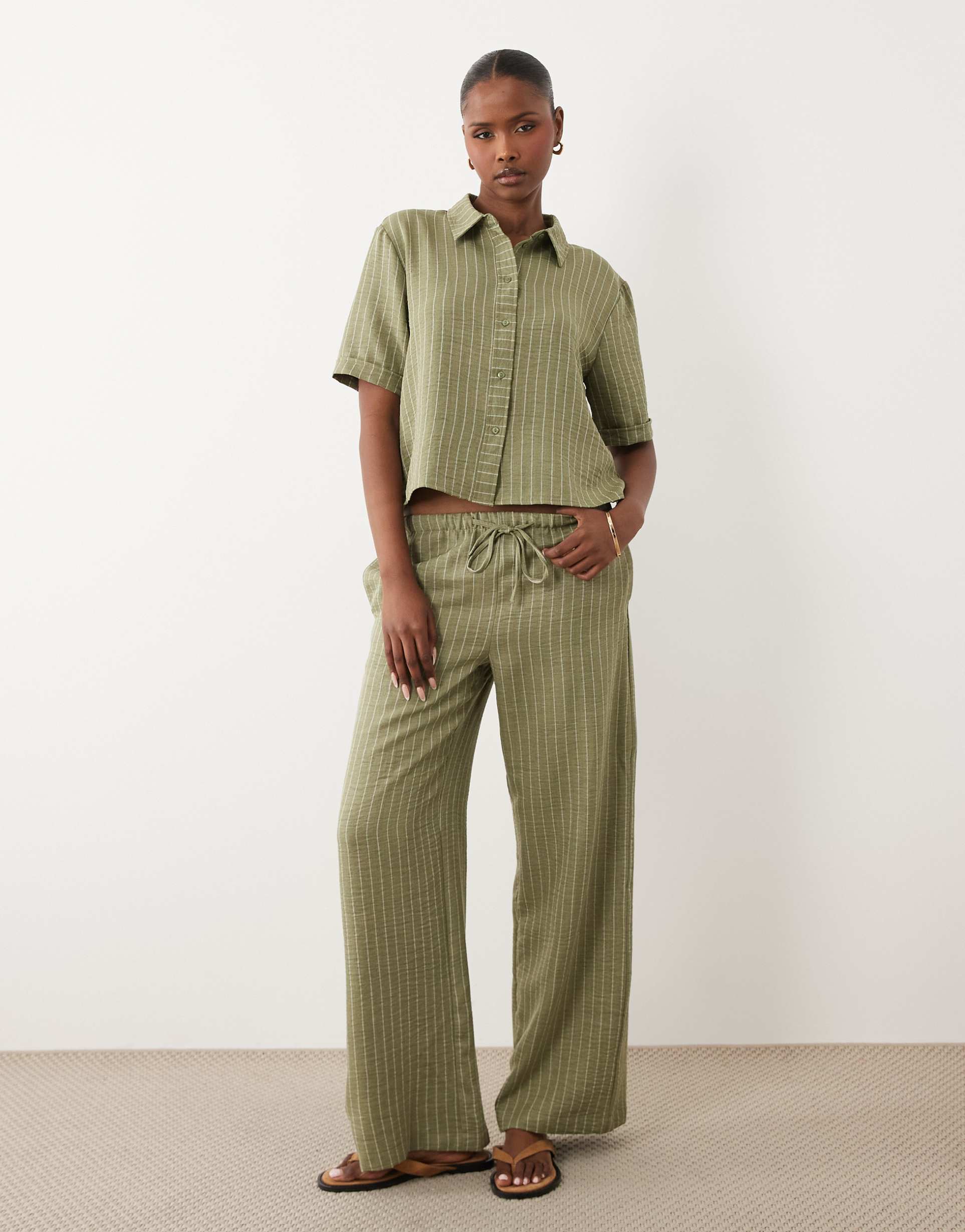 jdy wide leg pants in sage stripe - part of a set