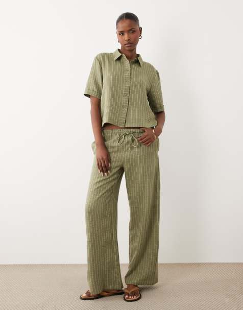 JDY wide leg pants in sage stripes (part of a set) - view 1