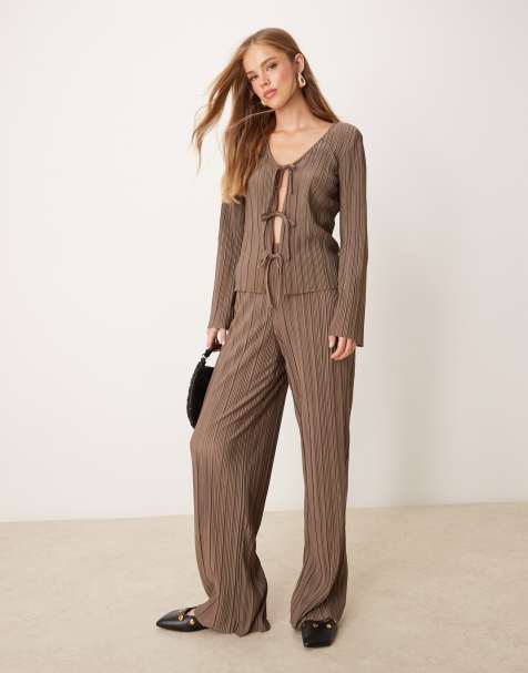 JDY wide leg plisse trousers co-ord in brown - view 1