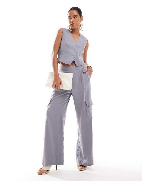 JDY wide leg tailored linen cargo trouser co-ord in grey - view 1