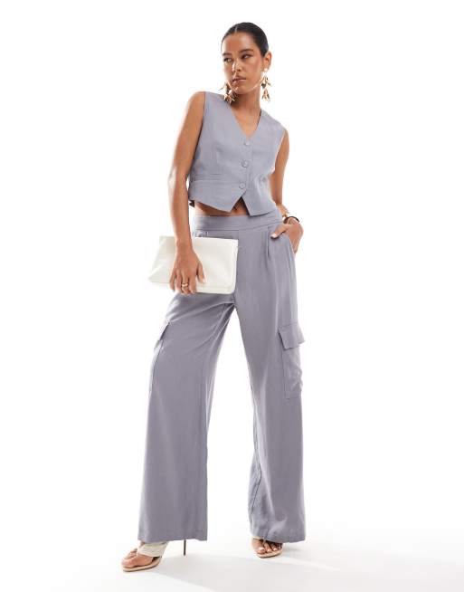 JDY wide leg tailored linen mix cargo pants in gray - part of a set