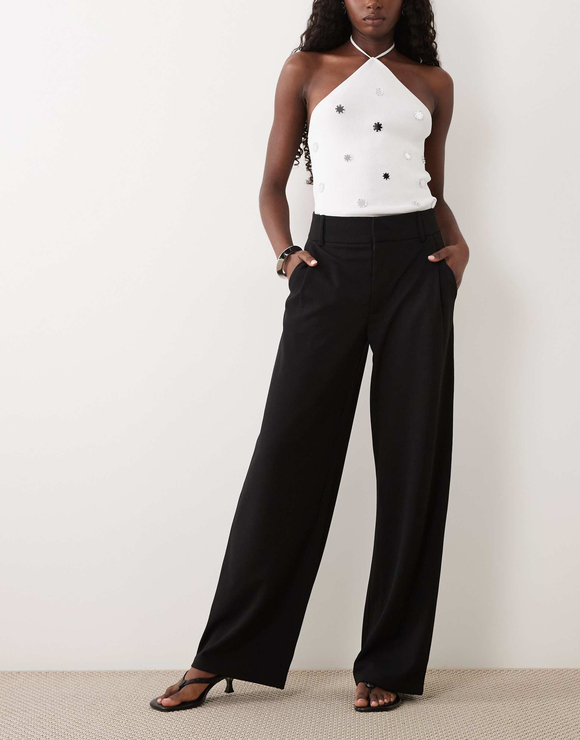 jdy wide leg tailored pants in black