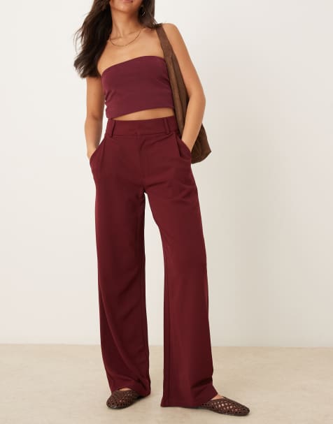 JDY wide leg tailored pants in burgundy - view 1
