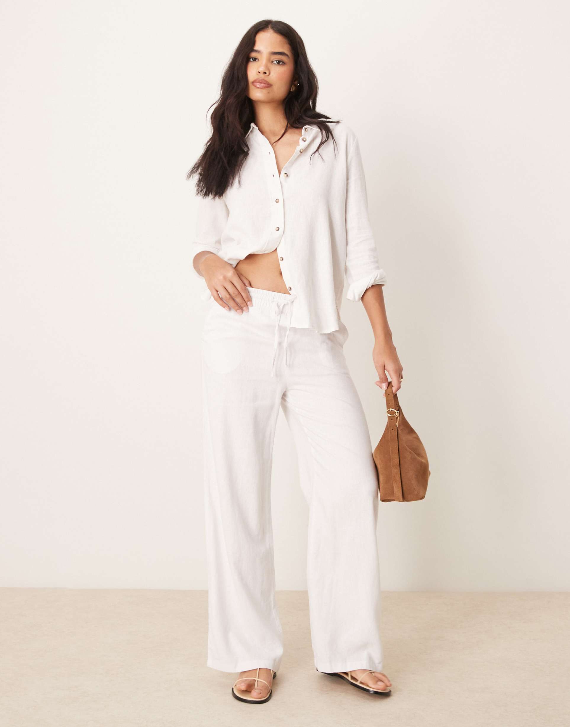jdy wide leg tie waist linen mix pants in white - part of a set