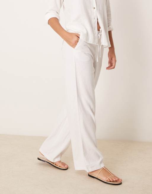 JDY wide leg tie waist linen mix trousers co-ord in white, 4 of 4