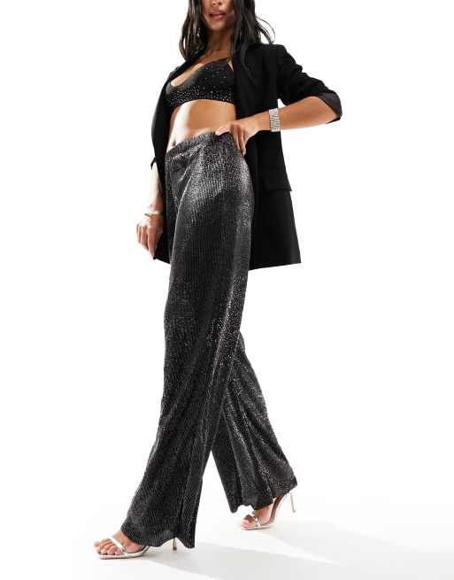 JDY Petite wide leg pants in black glitter