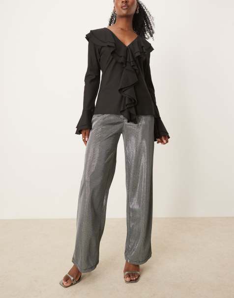 JDY wide leg trousers in metallic silver - view 1
