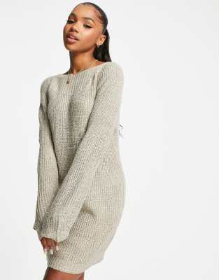 wide neck knit mini sweater dress in beige-White