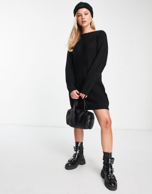 wide neck knit mini sweater dress in black