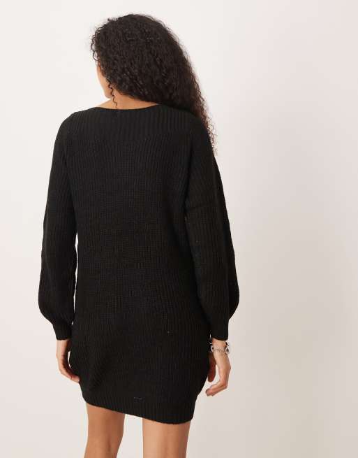 JDY wide neck knitted mini jumper dress in black ASOS - Main Image