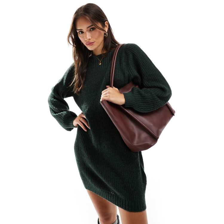 JDY Dinea Chunky Knit Rollneck Tunic Jumper Dress in Teal Green