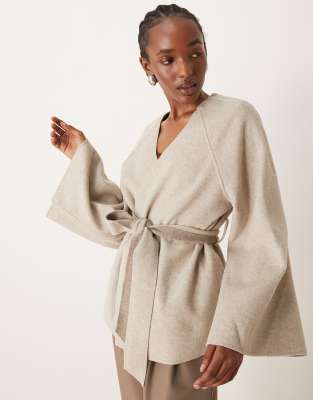 JDY wide sleeve drapey jacket in light beige melange