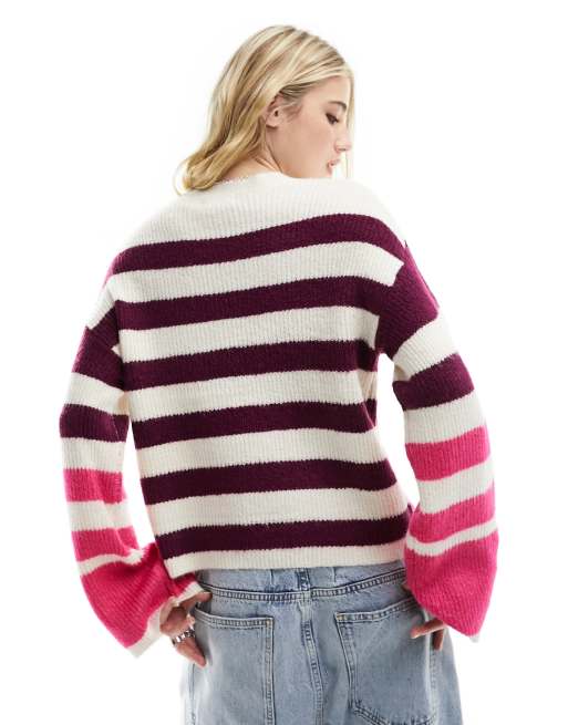 JDY wide sleeve jumper in purple and pink stripe, 3 of 4