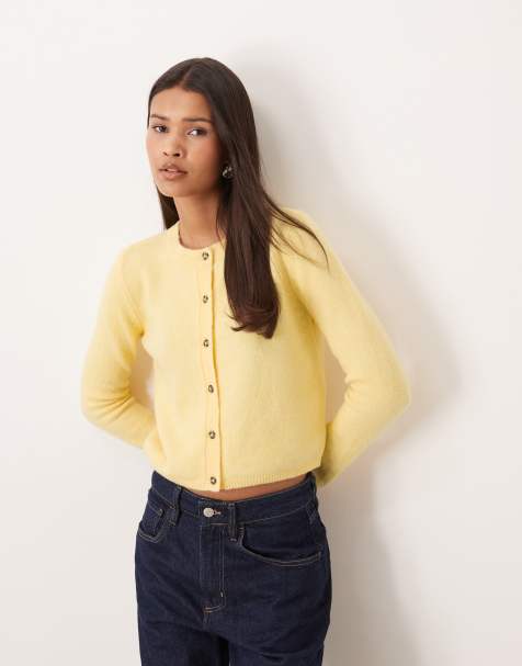 JDY wool blend crew neck cardigan in bright yellow - view 1