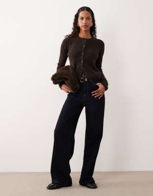 Jdy Wool Blend Crew Neck Cardigan In Brown