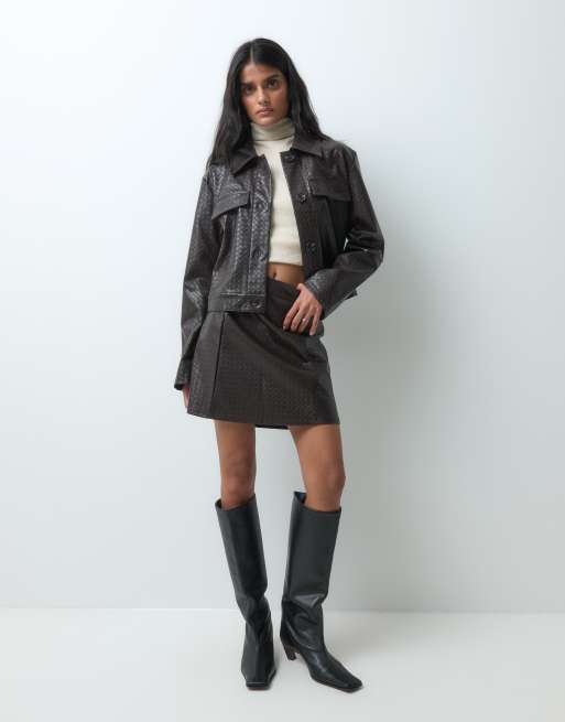 JDY woven PU mini skirt set in brown, 2 of 5
