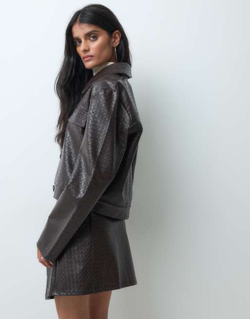 JDY woven PU mini skirt set in brown, 4 of 5
