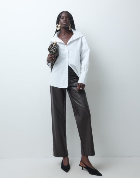 JDY woven PU pants co-ord in brown - view 1