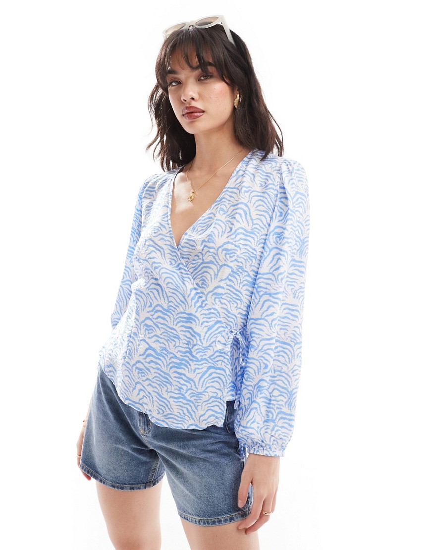 JDY wrap blouse in white & blue shell print
