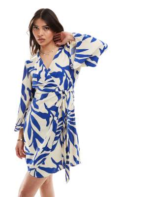 Jdy Wrap Dress Beige With Blue Palm Print-multi