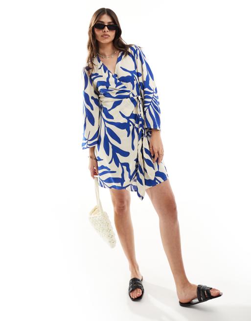 JDY wrap kimono dress beige with blue palm print, 2 of 4