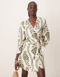 [JDY] JDY wrap kimono dress beige with khaki palm print-White XS BEIGE